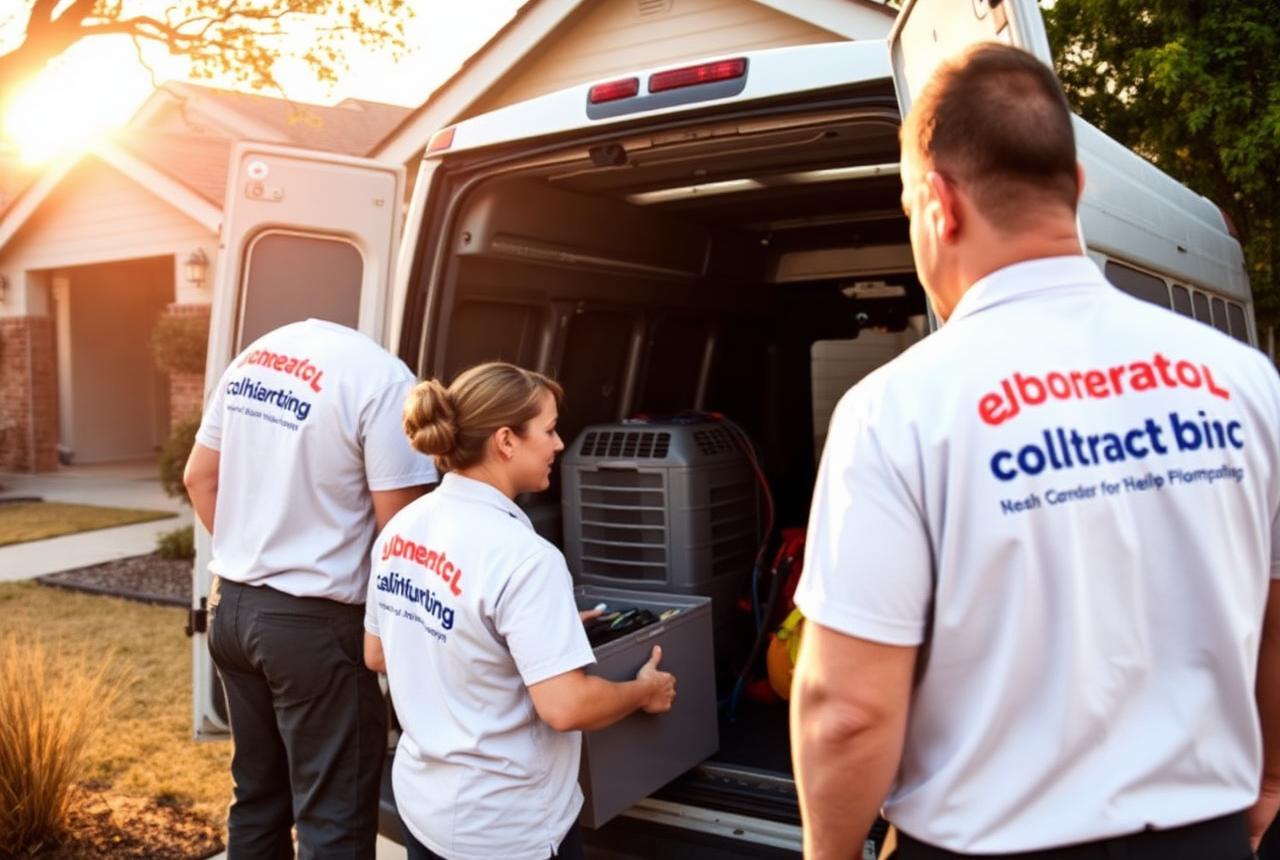 Service business crew loading equipment into a branded work van at sunrise